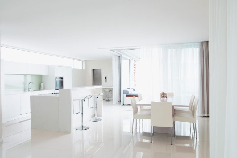 Interior of an ultra modern house color themed in white, What Color White To Paint Ceiling?