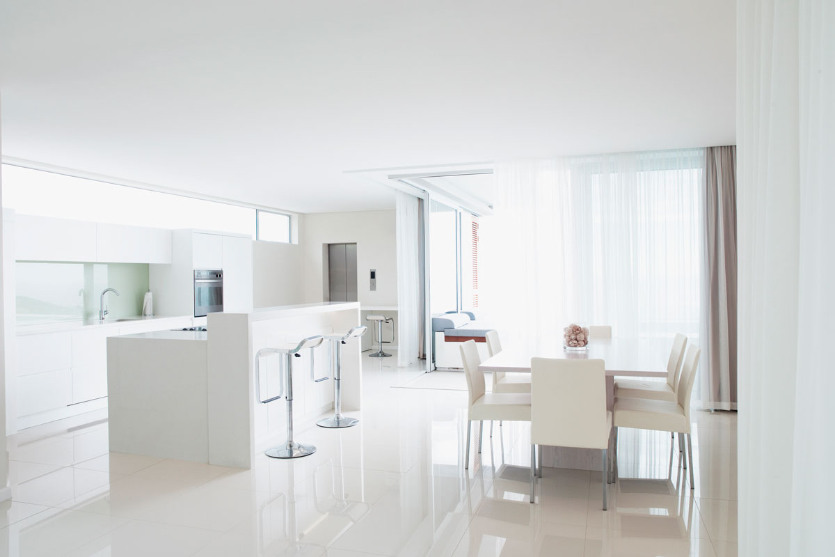 Interior of an ultra modern house color themed in white