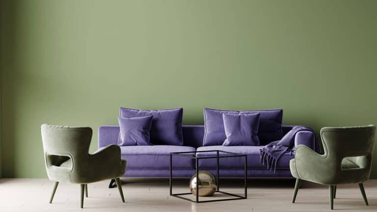 Large room with bright accent sofa and cozy armchairs, 11 Green And Purple Color Scheme Ideas - 1600x900