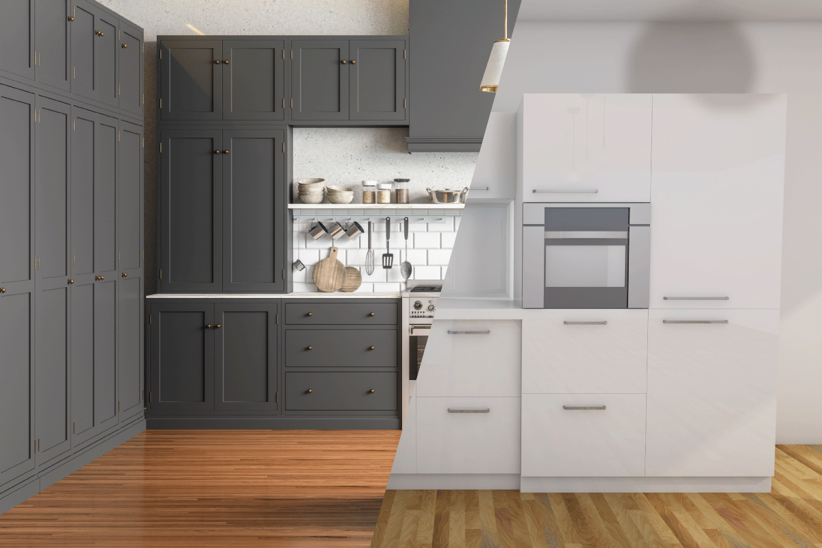 Two kitchen with white and gray color of cabinets