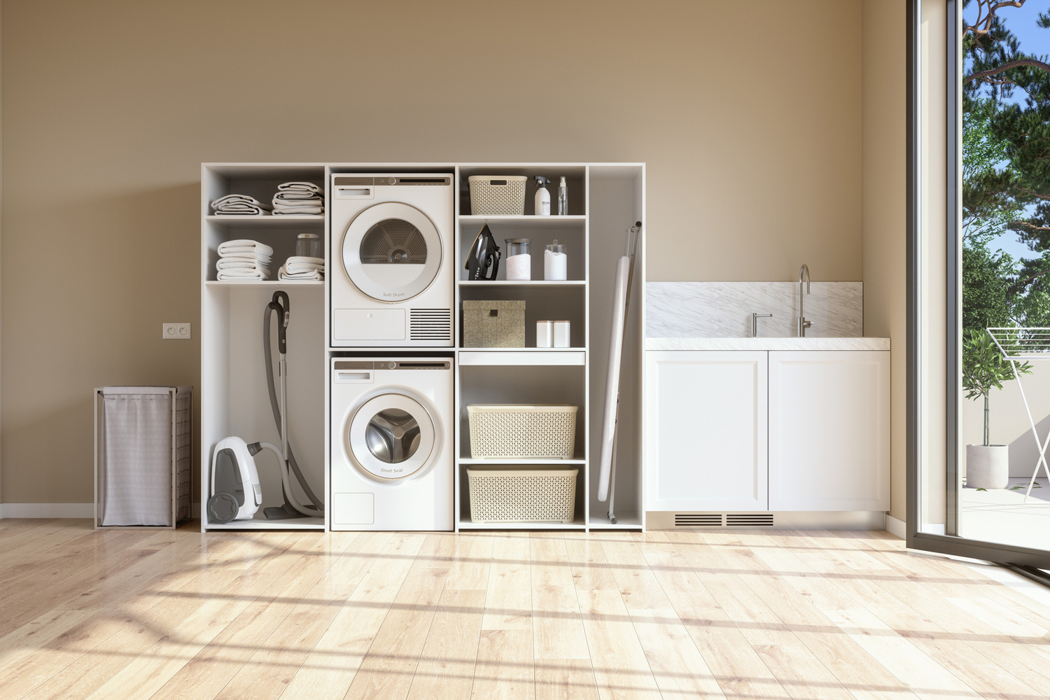 Laundry Room With Beige Wall And Parquet Floor With Washing Machine, Dryer, Laundry Basket And Folded Towels In The Cabinet.