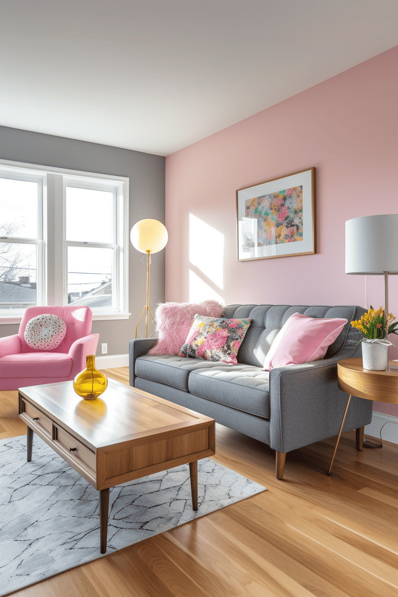 Light stained furniture enhances the charm of a bright pink and gray living room