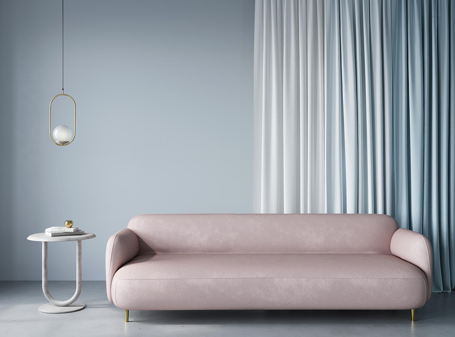 Living room in soft blue with a pink sofa