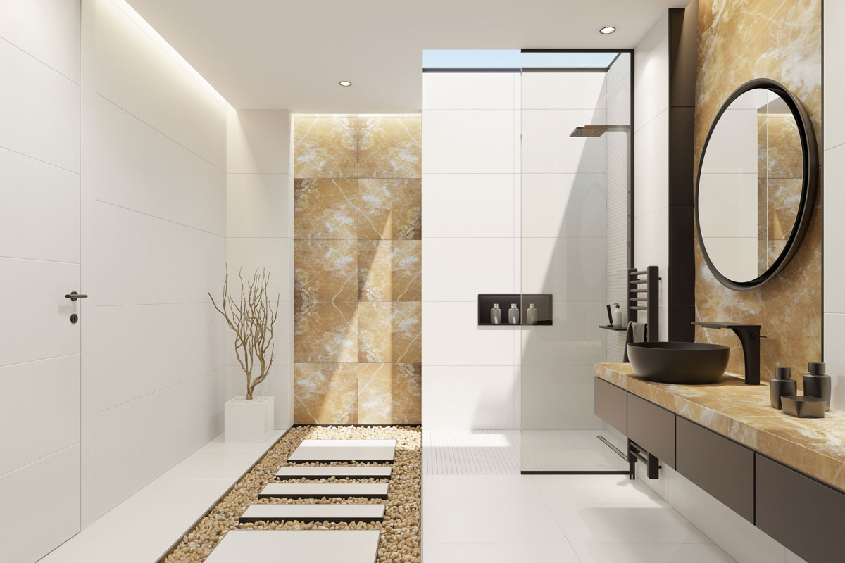 Luxurious bathroom with a skylight and natural, polished, gold onyx wall tiles, large and narrow white matte ceramic tiles