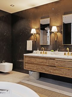 Luxurious interior of a modern rustic and classic inspired bathroom, How Much Space Between Bathroom Mirror And Sconces?