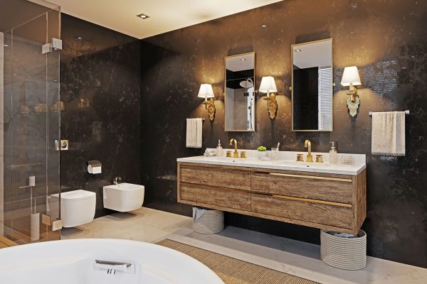 Luxurious interior of a modern rustic and classic inspired bathroom, How Much Space Between Bathroom Mirror And Sconces?
