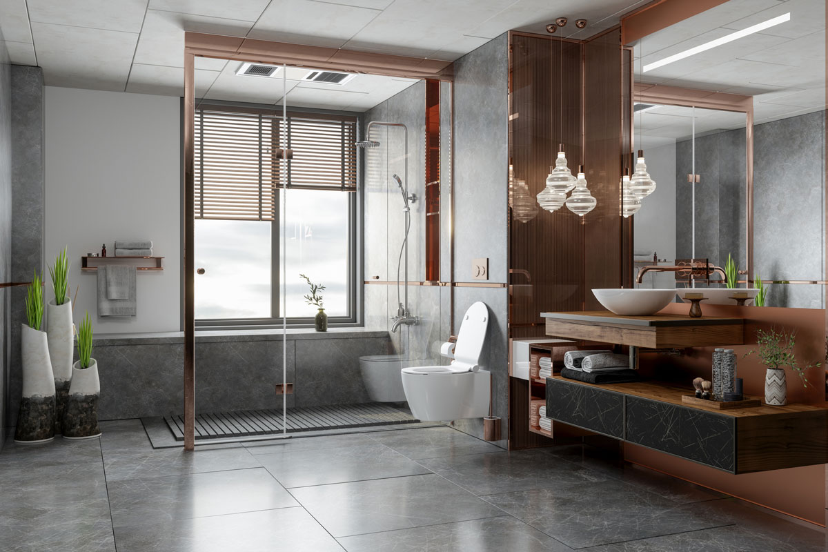 Luxury Bathroom Interior With Shower, Toilet, Mirror And Decorative Objects