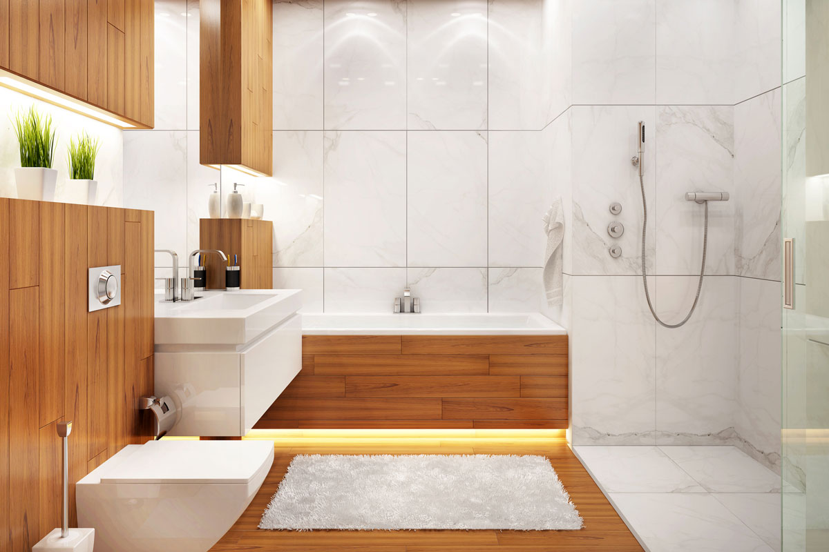 Modern bathroom interior design in large house wood plank tile