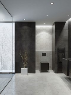 Modern bathroom with dark gray concrete tiles, 11 Gray And White Bathroom Tile Ideas
