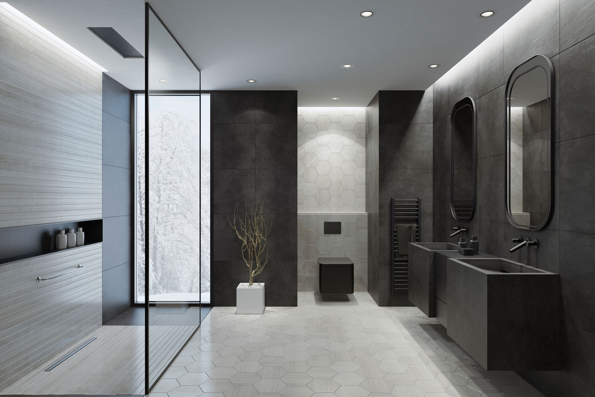 Modern bathroom with dark gray concrete tiles