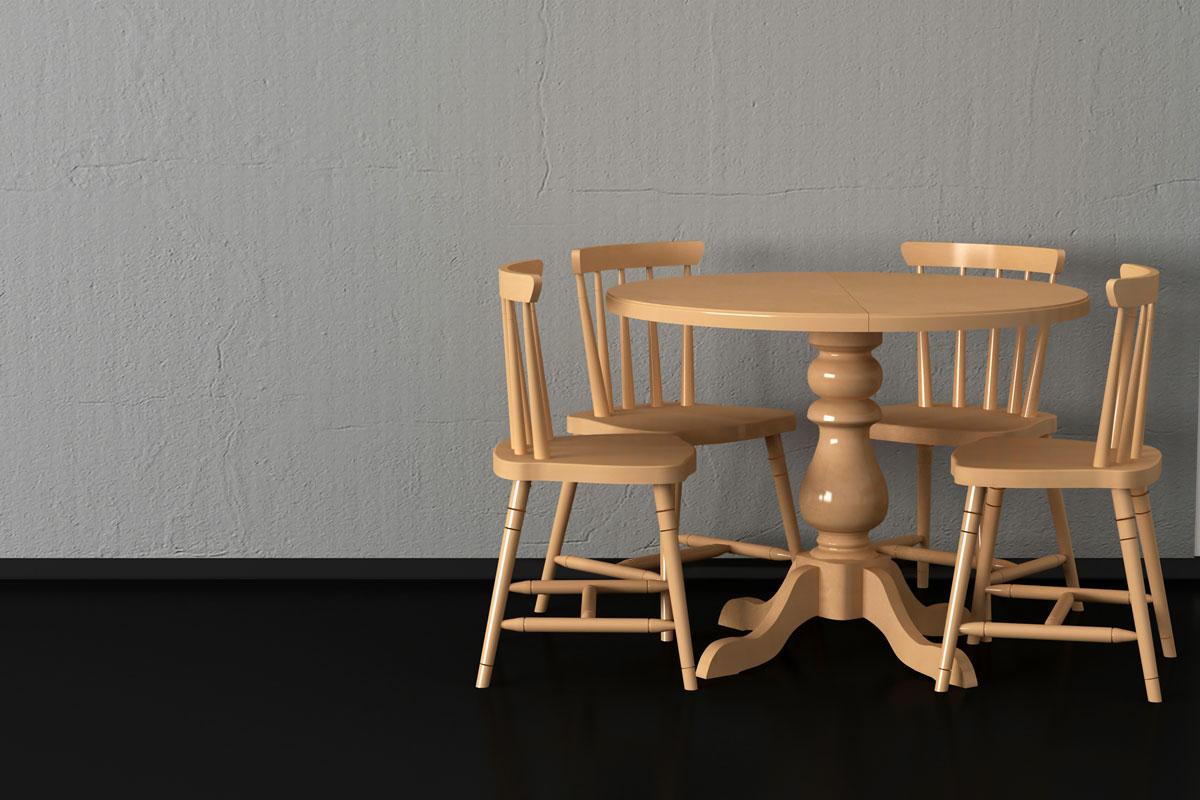 Modern dining room, round wooden table witn four chairs