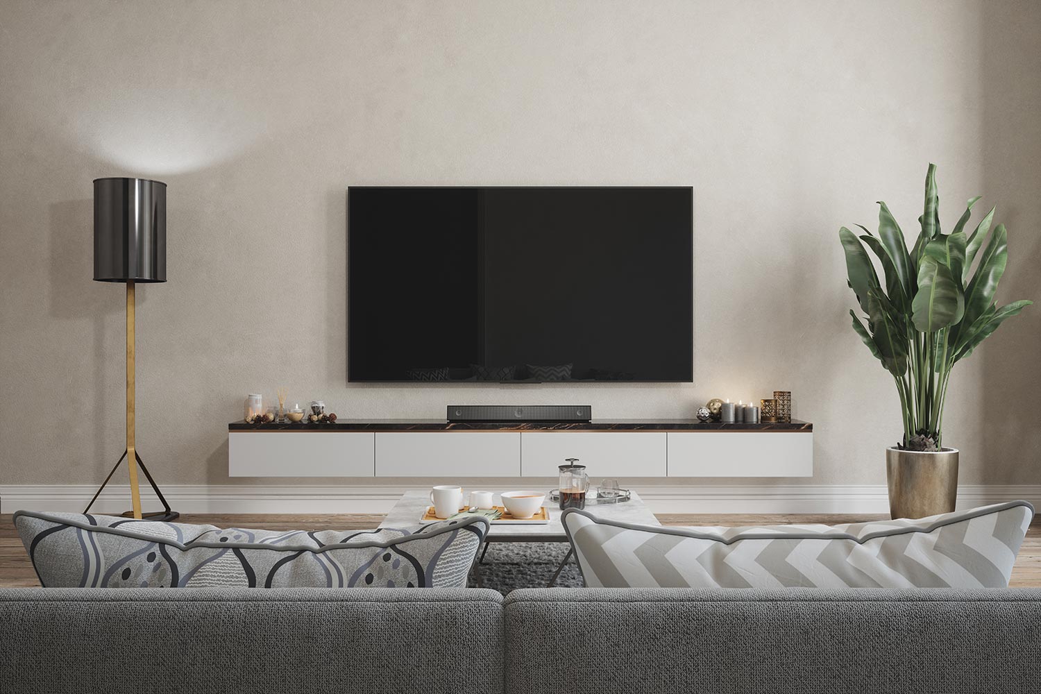 Modern living room interior with smart tv