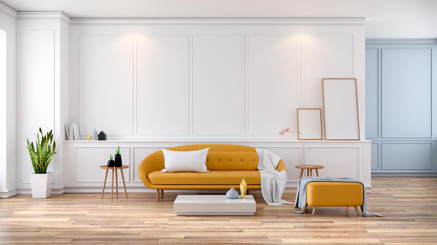 Modern mid century room interior with yellow sofa