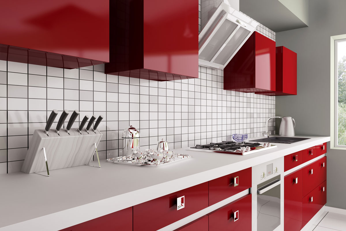 Modern red kitchen with sink,gas stove interior