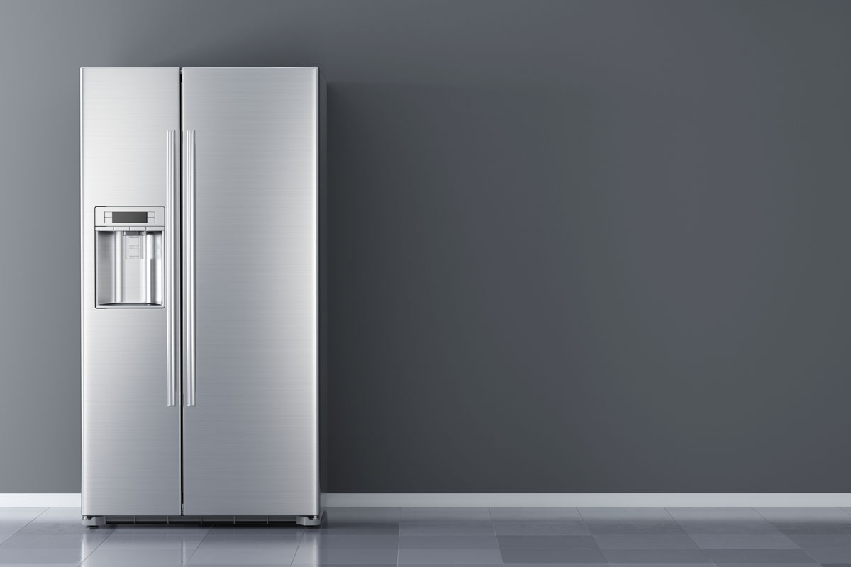Modern side by side Stainless Steel Refrigerator in a grey wall