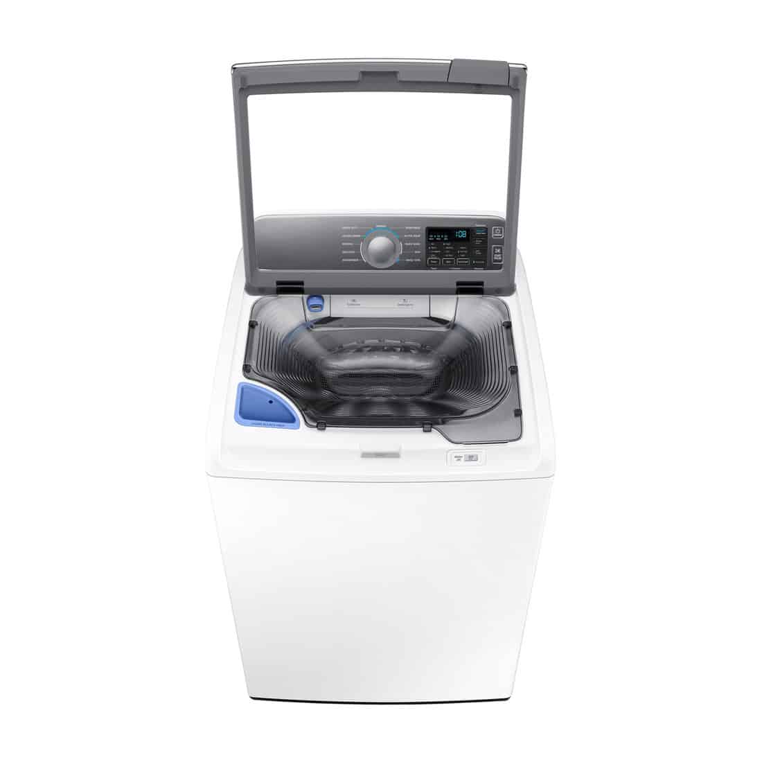 Open Top Load Washing Machine Isolated on White. Household and Domestic Appliances. Home Innovation. Side Top View of White Fully Automatic Top Loading Washer with Integrated Control Panel