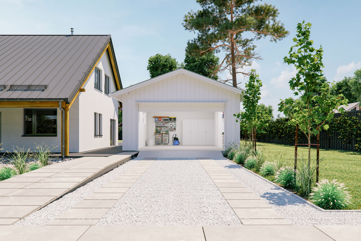 Open Garage With Concrete Driveway