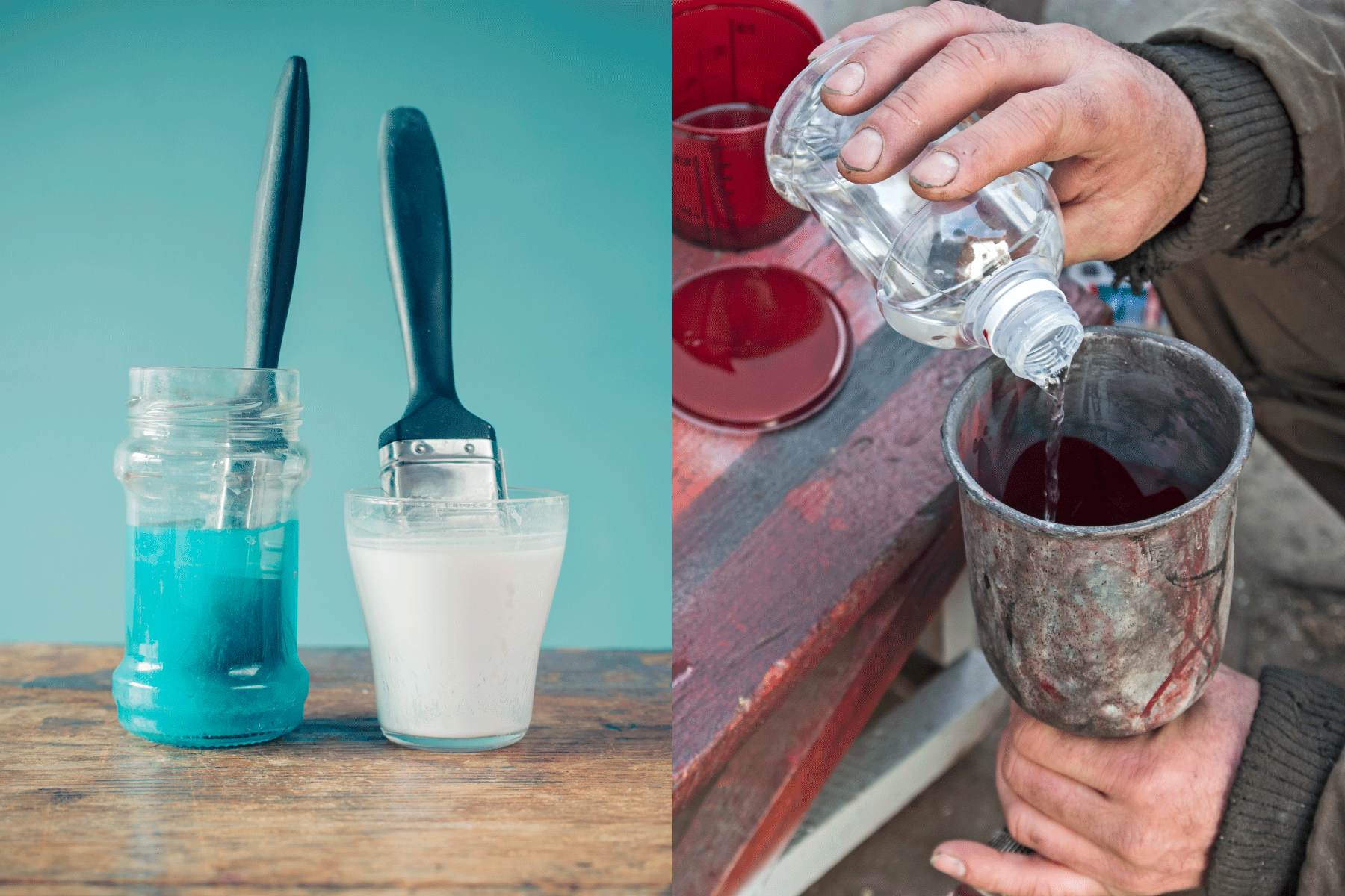 A collaged photo of a paint thinner and brush cleaner
