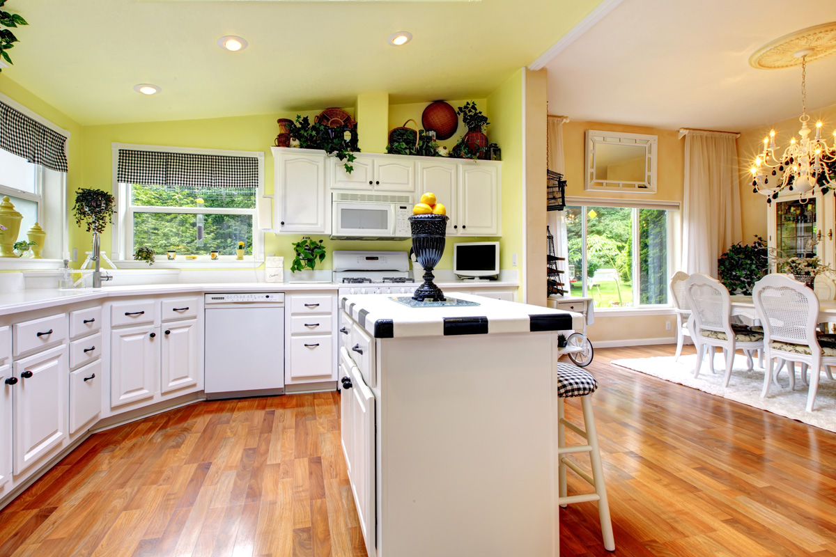 Perfect kitchen with white interior, yellow walls, and glossy hardwood floor.