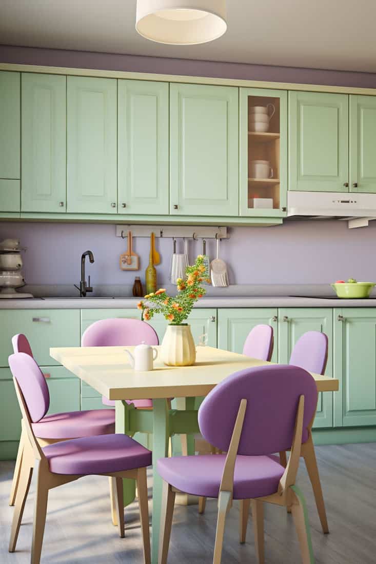 kitchen with pastel green cabinets and table base, and purple accents in a vase and chairs