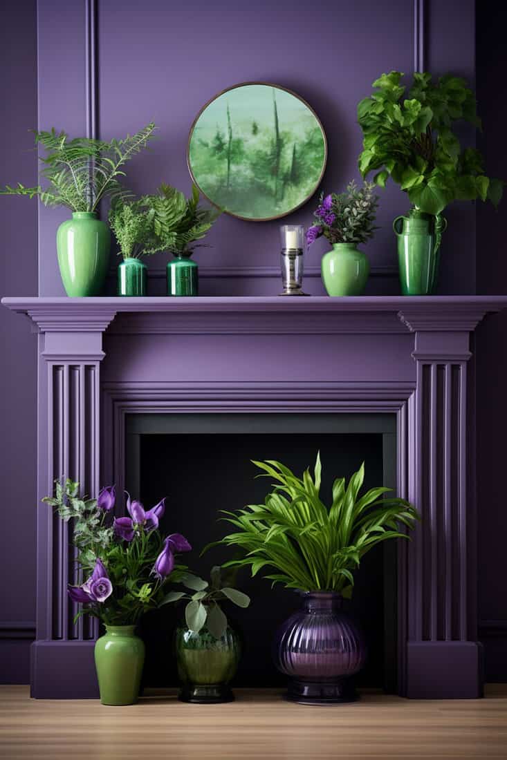 room showing various shades of green and purple throughout, including green vases on a fireplace mantel holding purple flowers and green and purple plants in vases