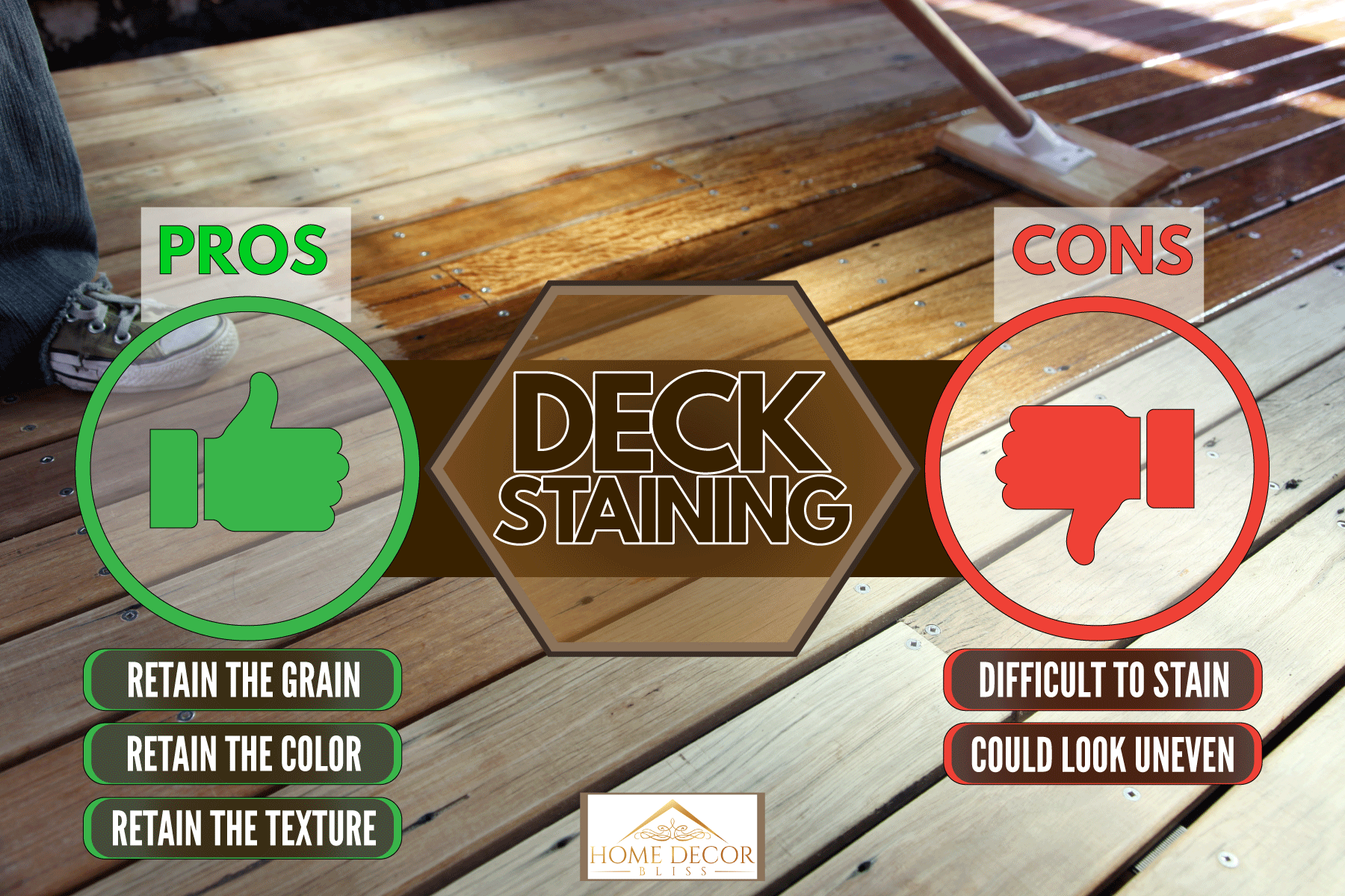 Worker using a mop to spread stain on the deck flooring, Pros And Cons Of Staining A Deck