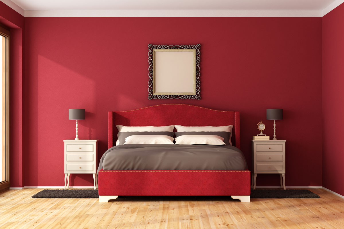 Red Classic Bedroom with elegant bed and nightstand