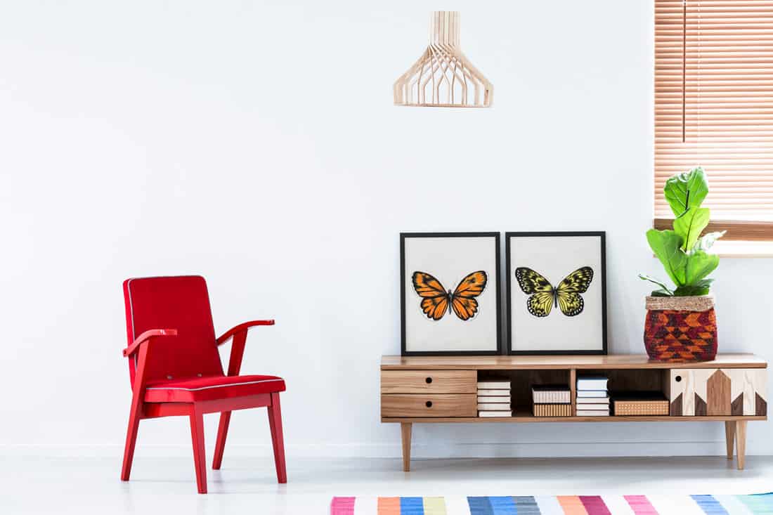 Red armchair next to a wooden cupboard with butterfly poster in living room interior. 