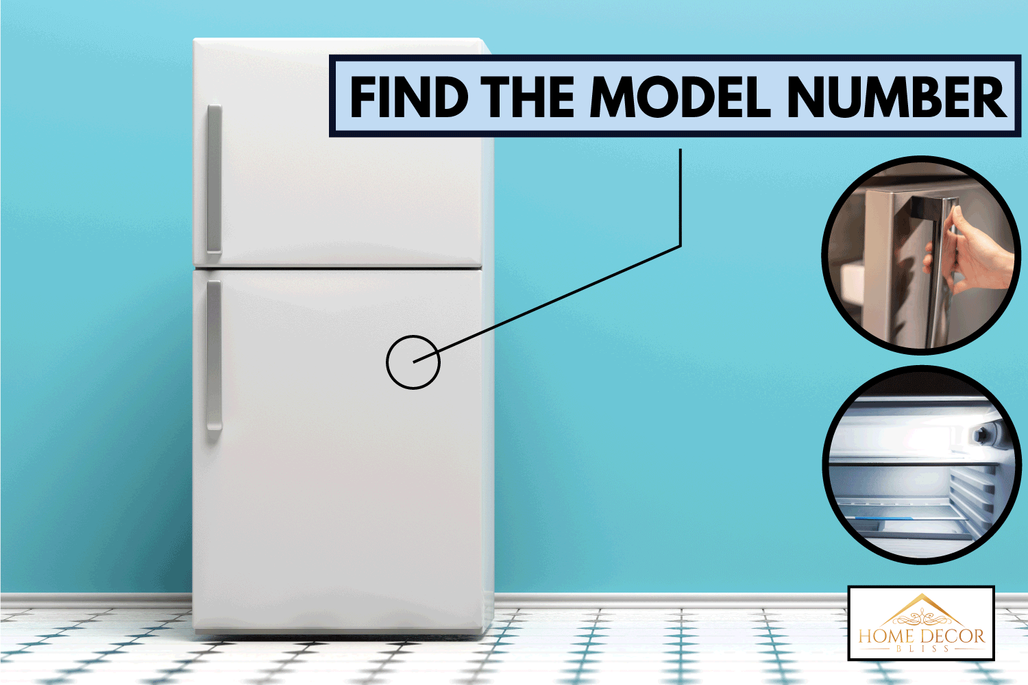 Refrigerator, fridge on kitchen tiled floor, blue wall background. How To Find The Model Number On A Kenmore Refrigerator