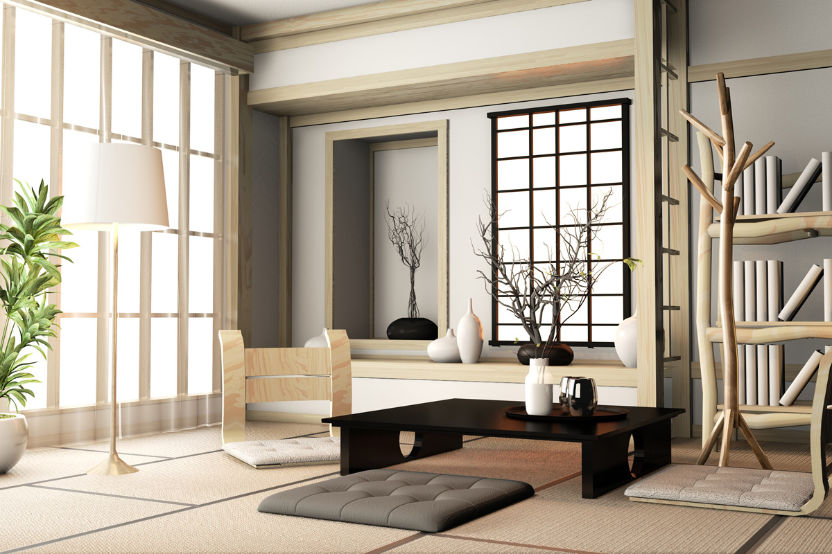 Ryokan living room japanese style with tatami mat floor and decoration