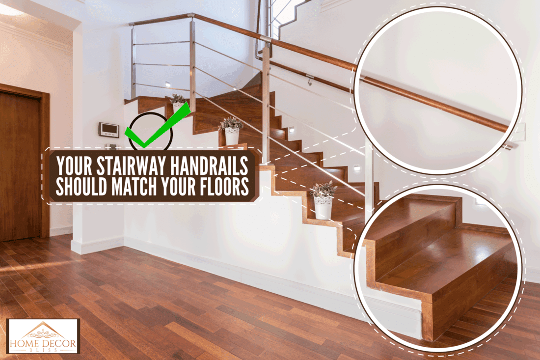 Hard wooden flooring for a living room and a staircase leading to the second floor, Should Handrail Match Floor?