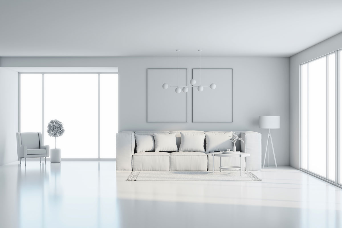 Sunny all-white modern room interior design with cozy sofa, glossy concrete floor, book shelf, armchair and big windows