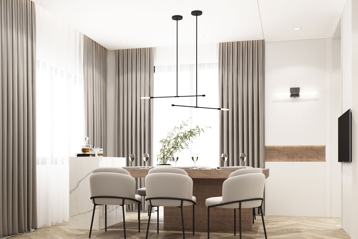The dining room is decorated in a minimalist style. White wood and marble dining table with a gray cloth dining chair