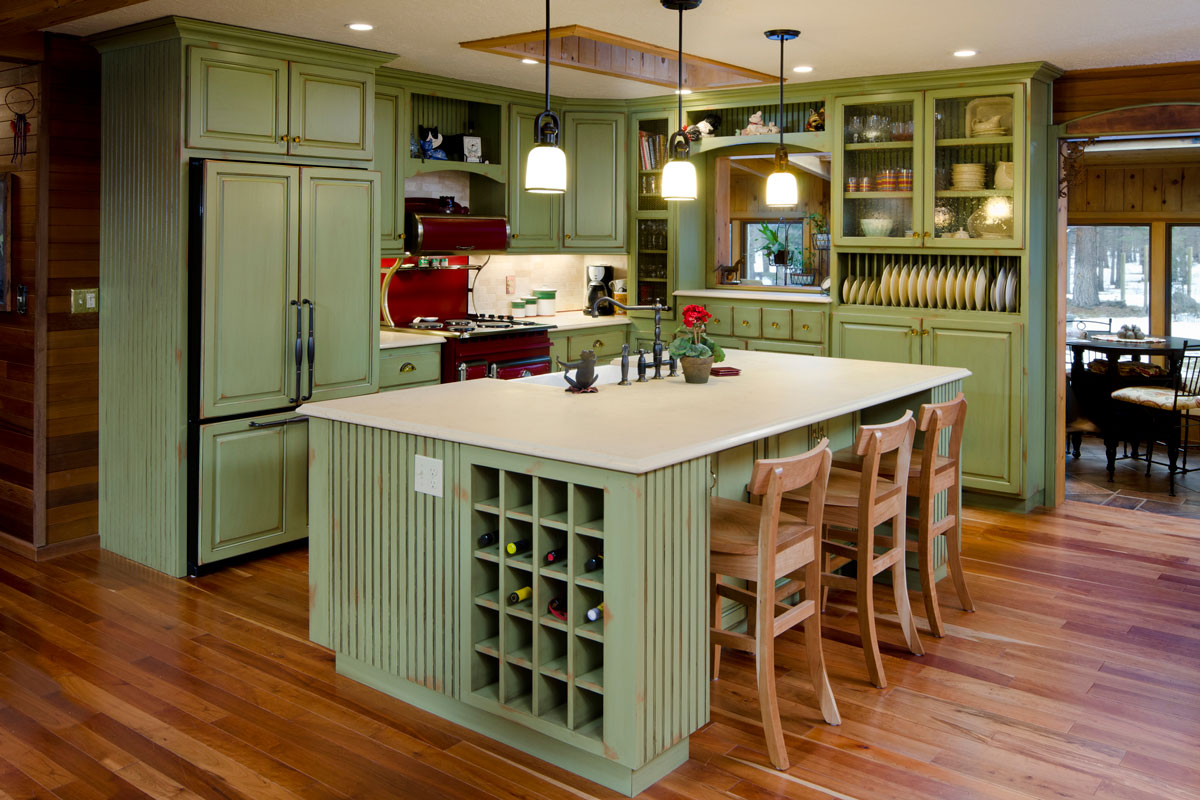 This kitchen is done in lime green and is modern