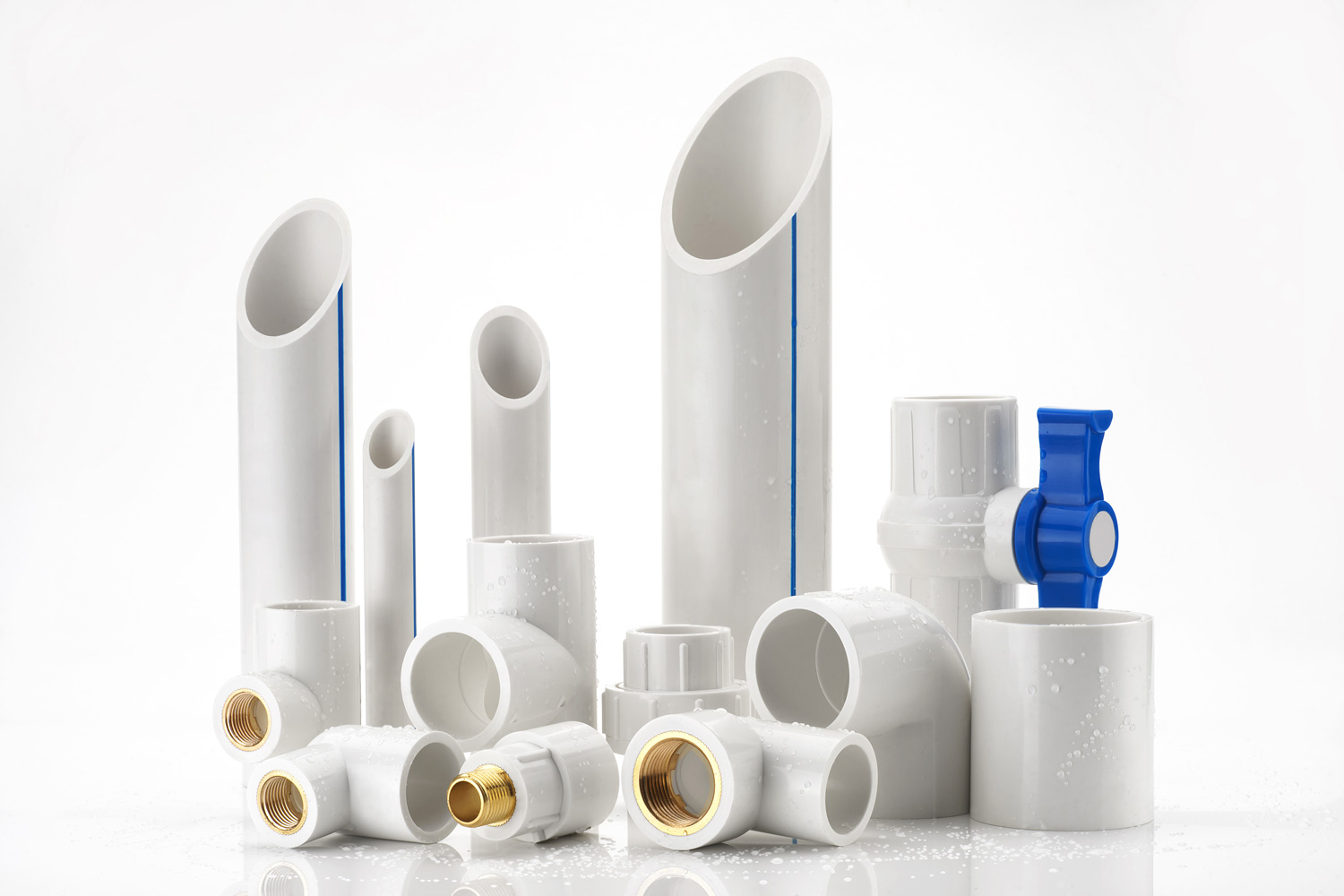 UPVC CPVC Fittings for polypropylene pipes. Elements for pipelines. plastic piping elements. They are designed for connecting pipes. Concept sale of polypropylene fittings.