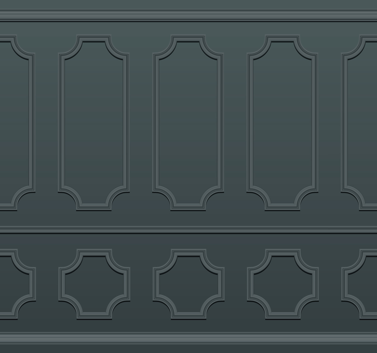Vector illustration dark wall decorated with moulding panels. Realistic empty navy blue room wall background with decorative molding on wall in classic style. Seamless vector background