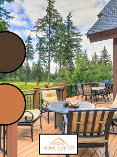 Beautiful large cabin home with large wooden deck and chairs with table overlooking golf course, What Color Deck Goes With A Tan Or Beige House?