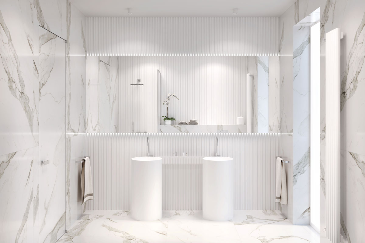 White bathroom with large rectangular mirror above two freestanding washbasins, shelf for bathroom accessories, towels,marble floor