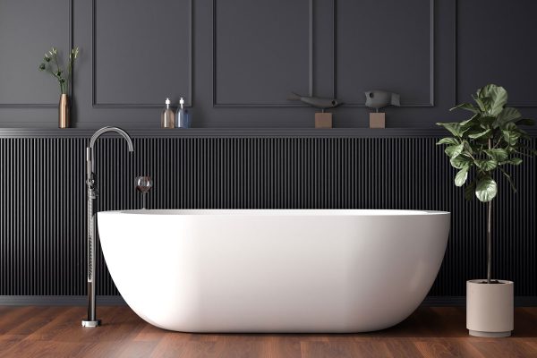 White free standing baththub in a dark paneled bathroom, How To Enclose A Clawfoot Tub