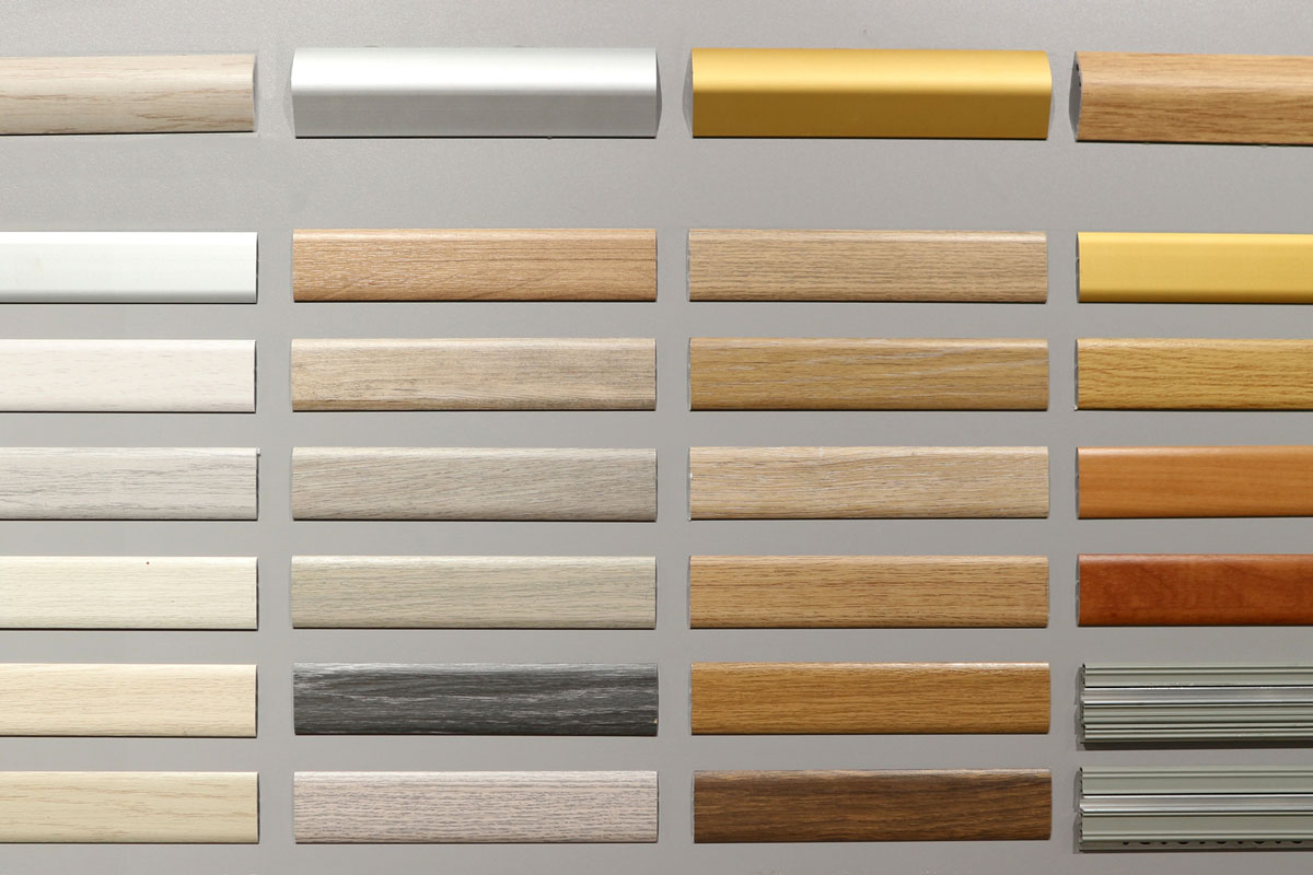 Wooden baseboards samples with different colors for different types of floor