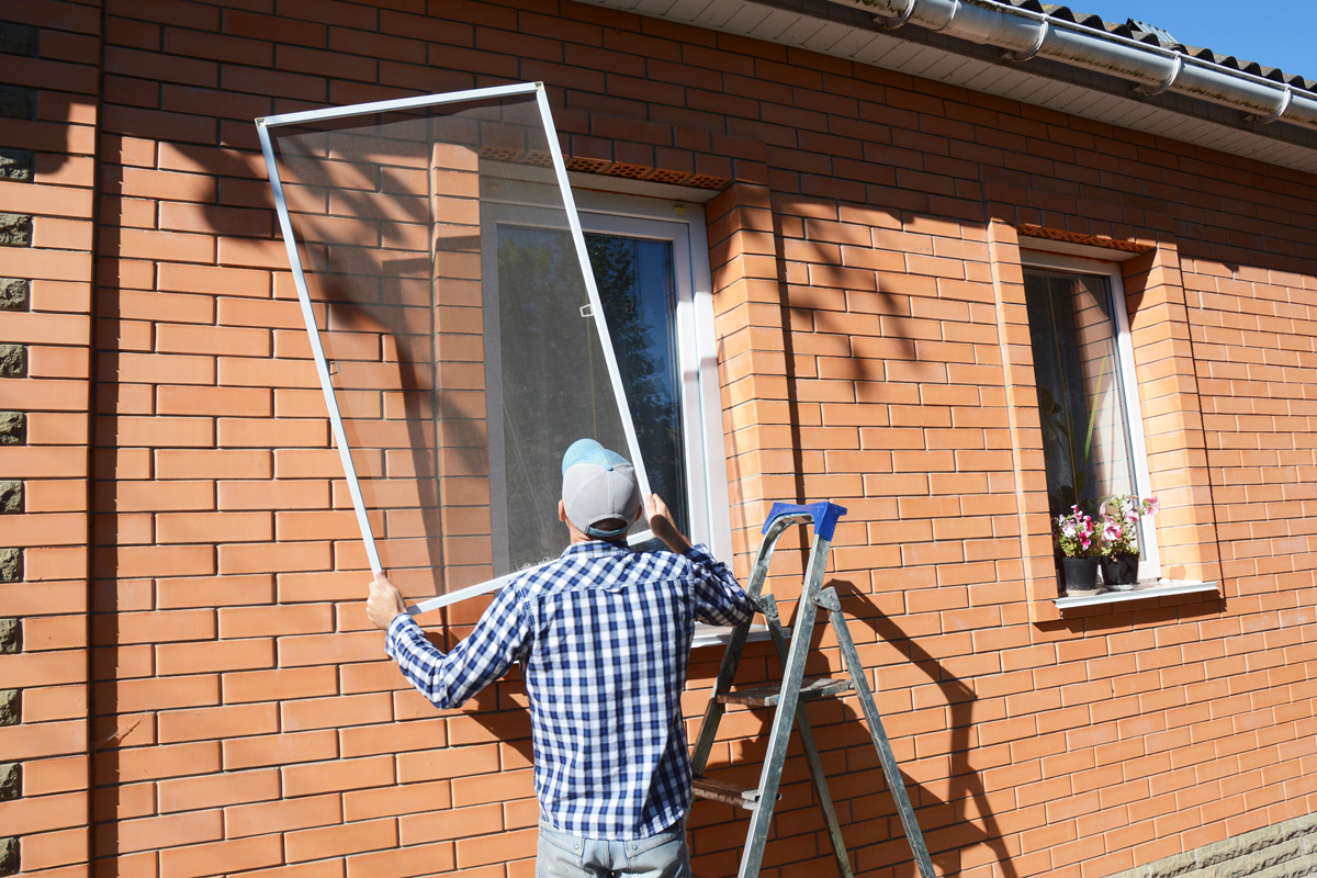 Worker install mosquito net or mosquito wire screen on brick house window.
