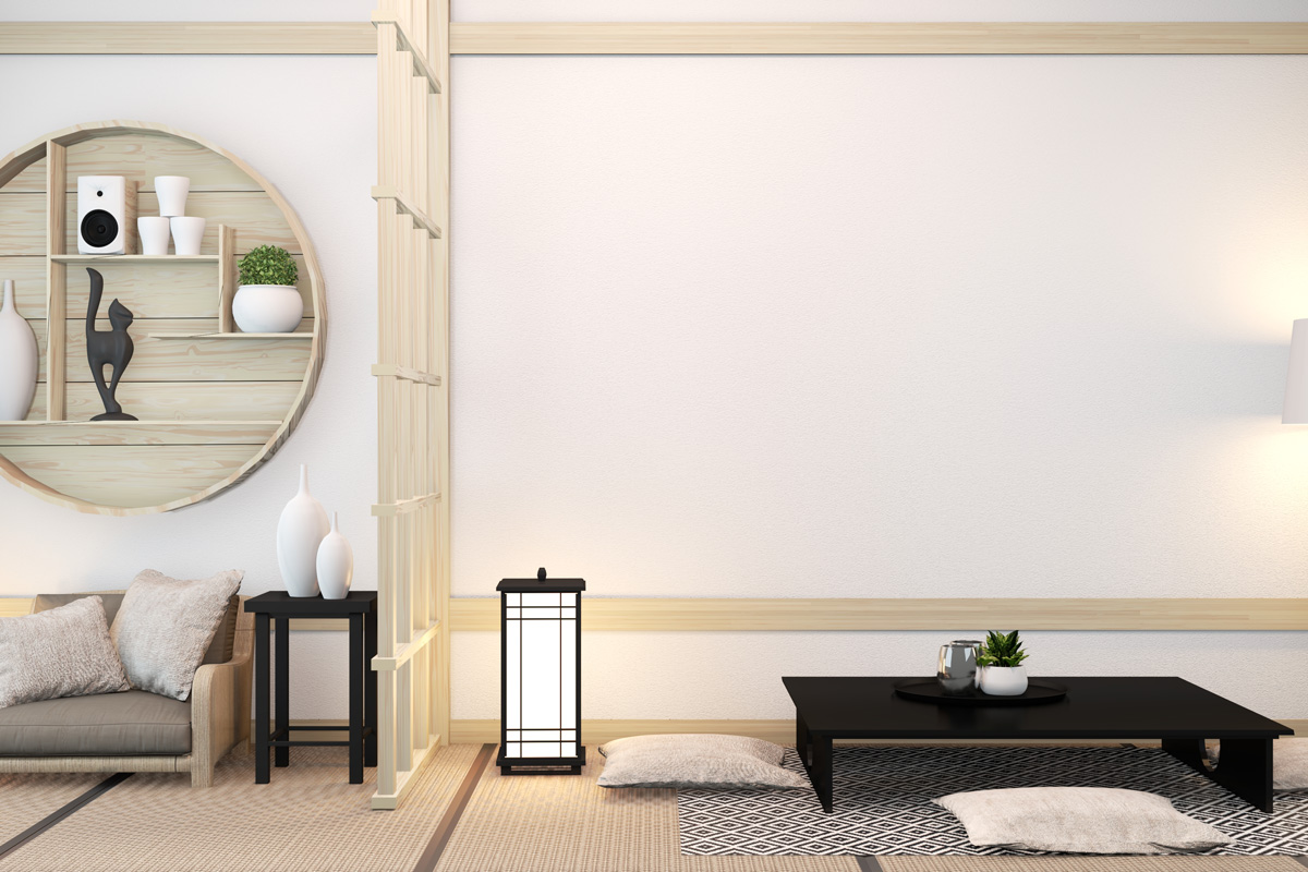 Zen modern room japanese interior with shelf wooden design idea of room japan and tatami mat.