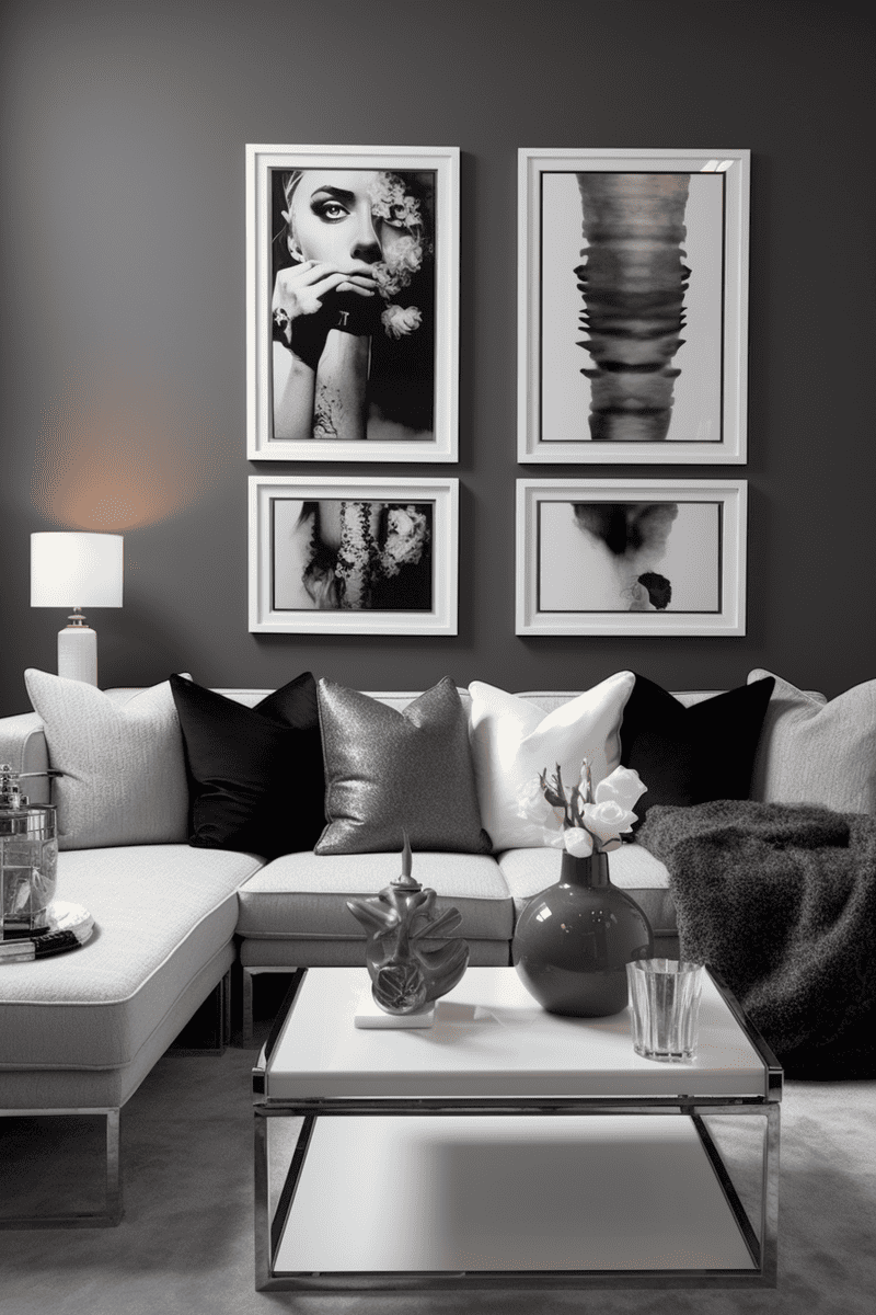 a harmonious combination of black, gray, and white in the wall art for a balanced design