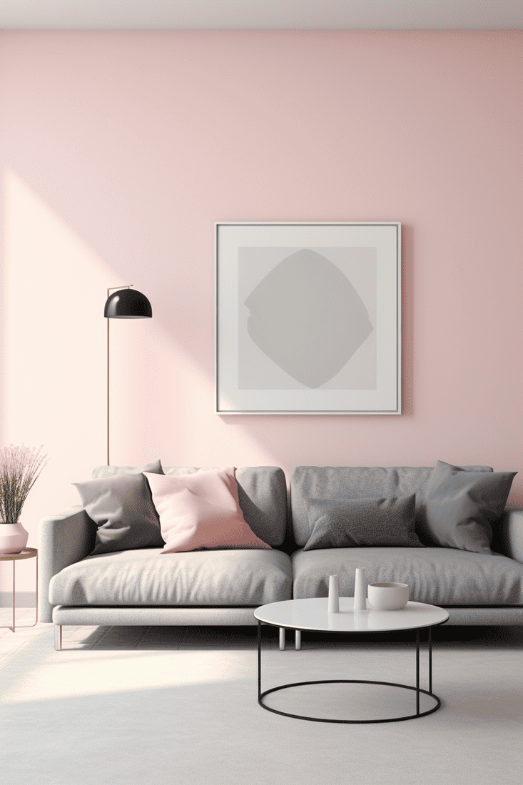 a hyperrealistic minimalist living room with pink and grey color schemes.