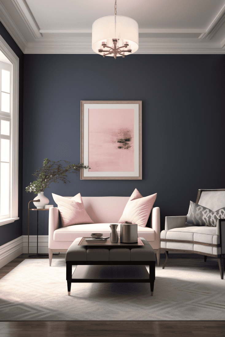 a hyperrealistic room that balances the softness of pink and grey with dark or cool neutrals, like dark blue walls. Create a gender-neutral space with balanced visual contrast.