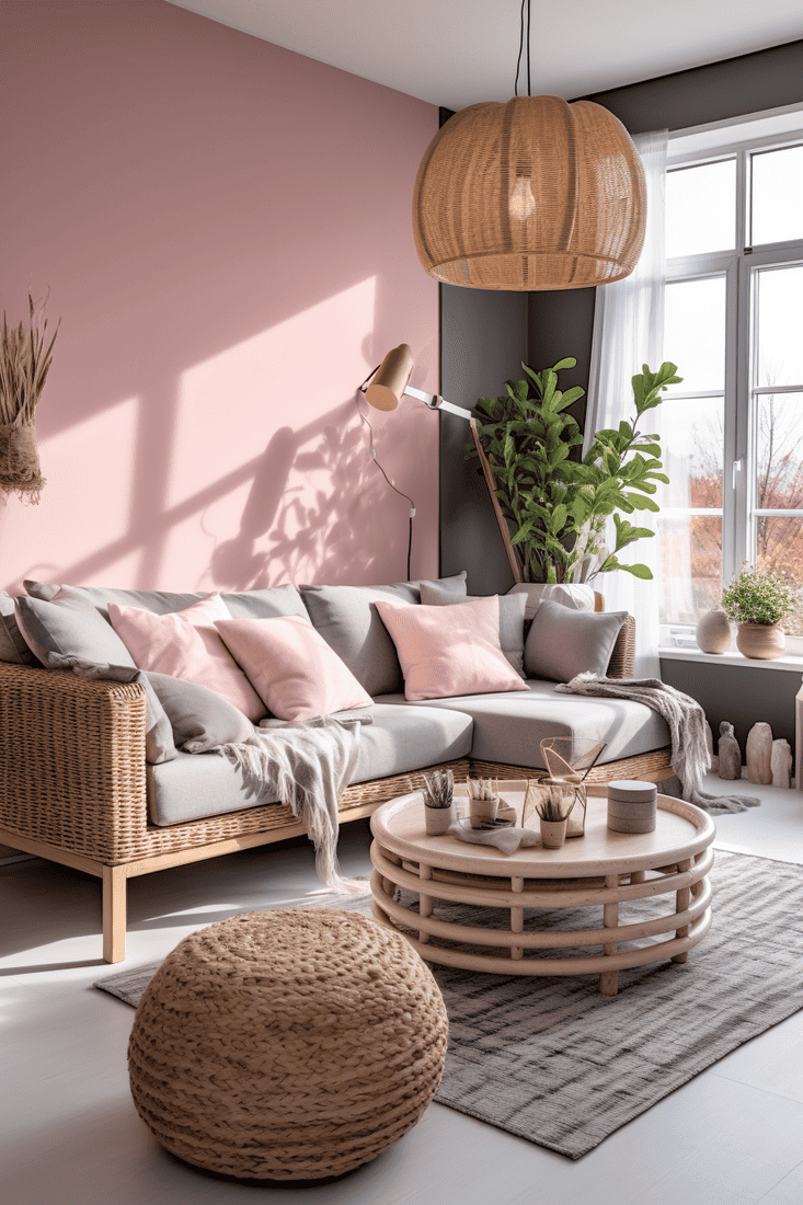 a hyperrealistic room that combines pink and grey with natural elements such as plants, dried flowers, and rattan baskets.