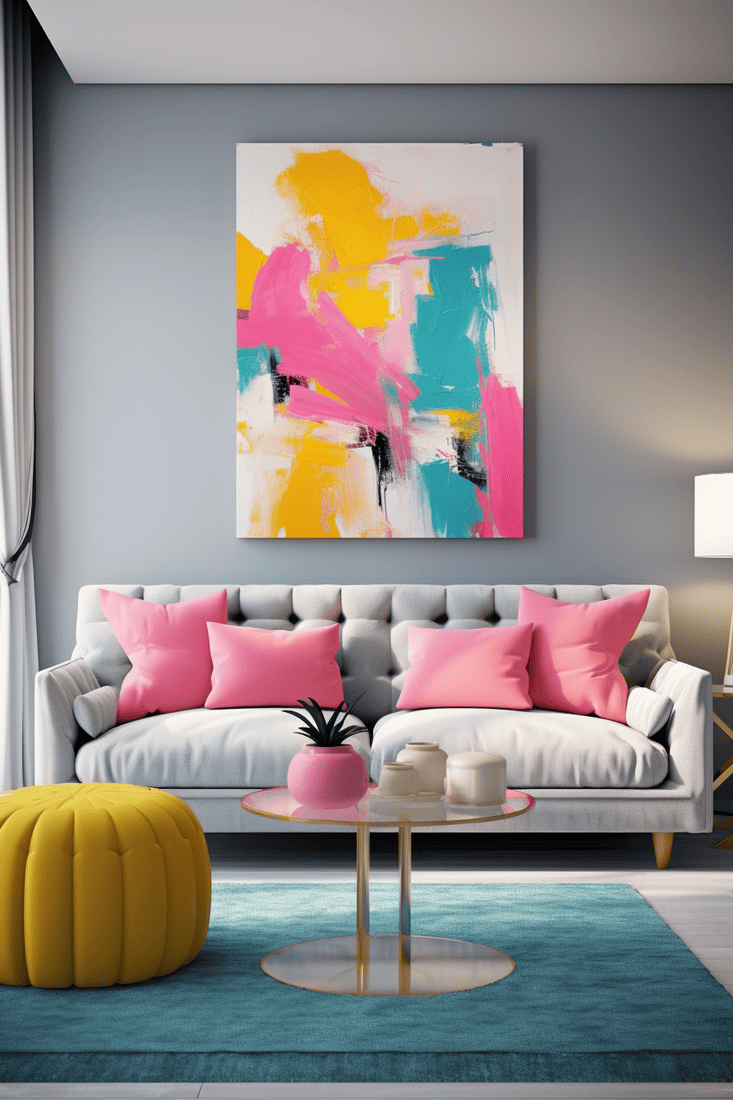 a hyperrealistic room where pink and grey are mixed with other vibrant colors like teal or yellow.