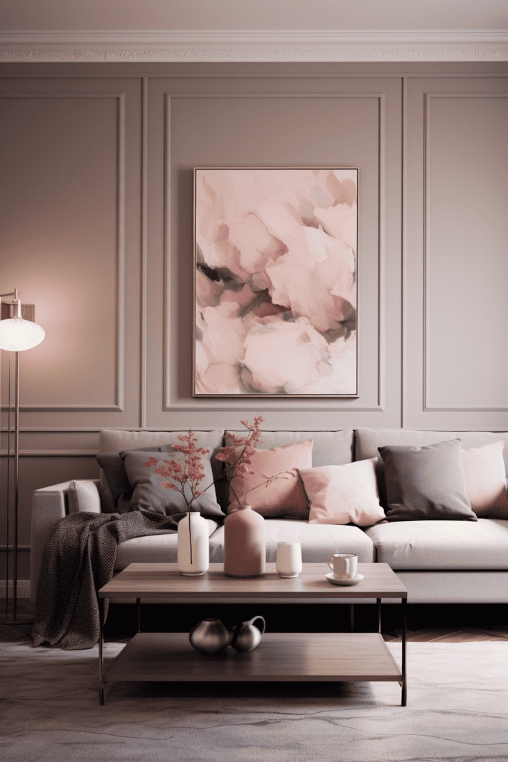 a hyperrealistic room where pink and grey are paired with warm neutrals. 