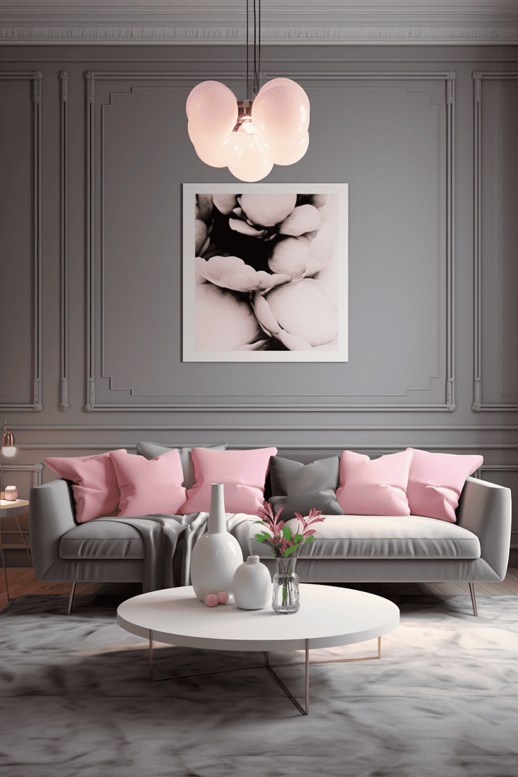 a hyperrealistic room where pink and grey color schemes are enhanced by decorative lighting.