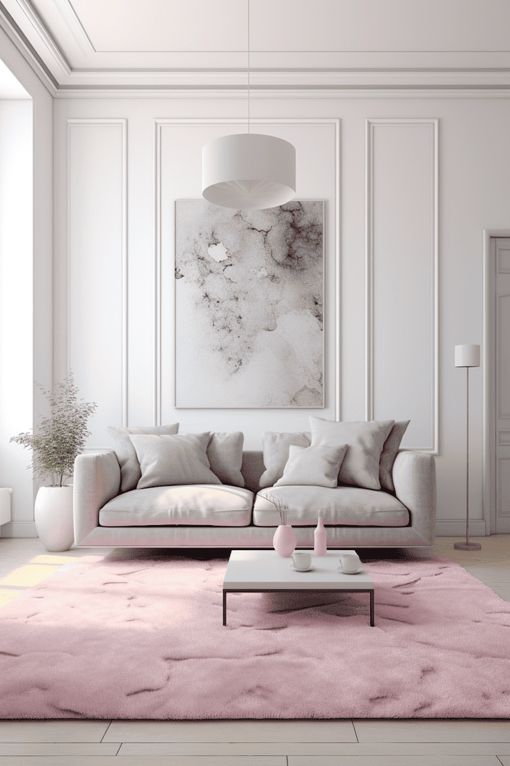 a hyperrealistic room with soft rugs that complement the pink and grey interior. Ensure the rugs are visually appealing and comfortable underfoot.